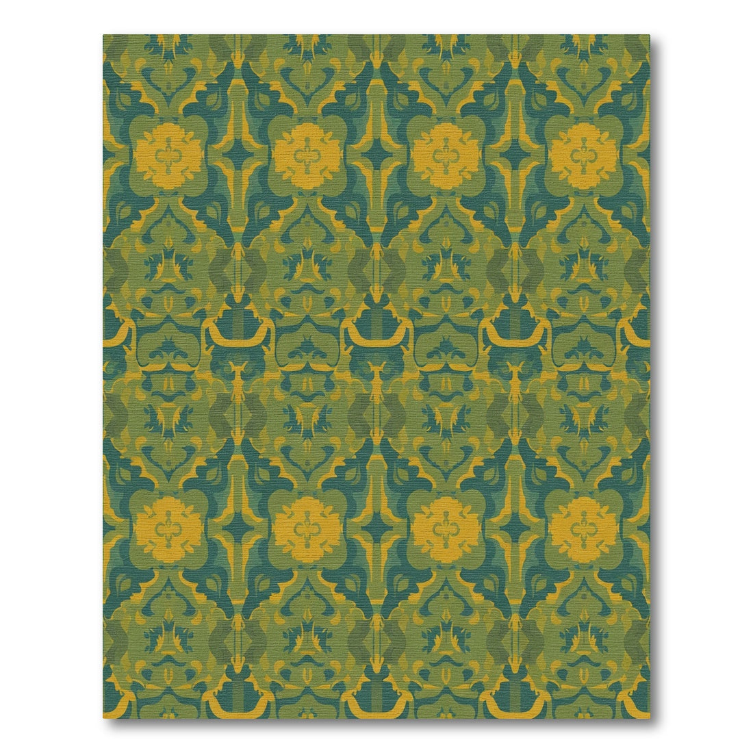 Ornate Teal Yellow Damask Swirls Rug