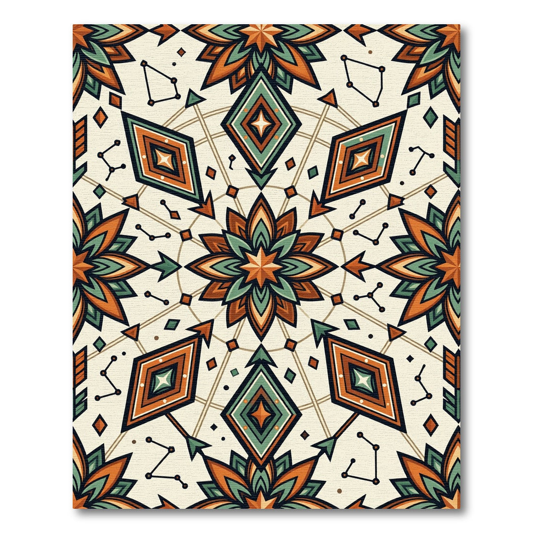 Celestial Geometric Teal and Terracotta Mandala Rug