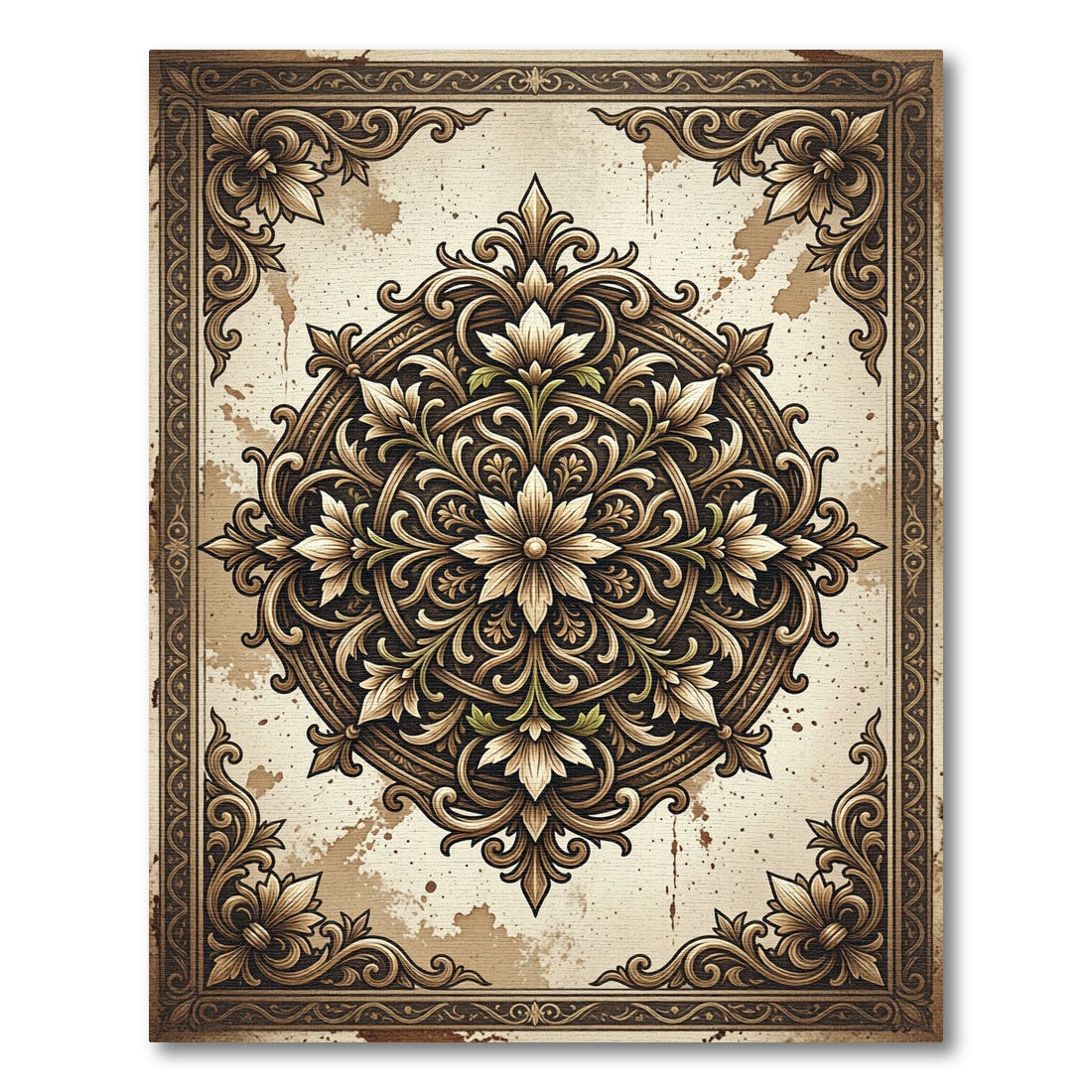 Vintage Beige Floral Ornate Medallion Rug
