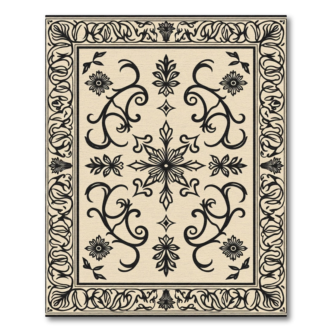 Ornate Cream Black Floral Scroll Rug
