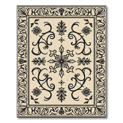 Ornate Cream Black Floral Scroll Rug