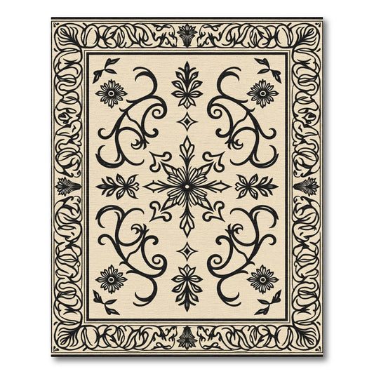 Ornate Cream Black Floral Scroll Rug