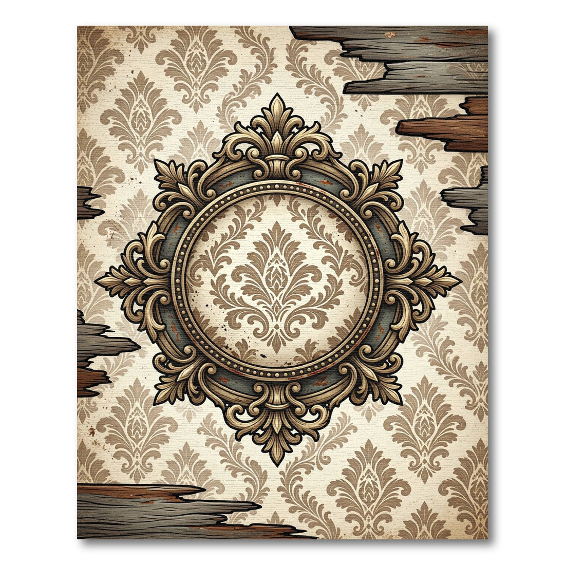 Ornate Damask Medallion Cream Gold Frame Rug