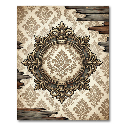 Ornate Damask Medallion Cream Gold Frame Rug