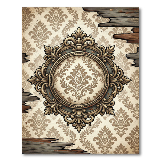 Ornate Damask Medallion Cream Gold Frame Rug