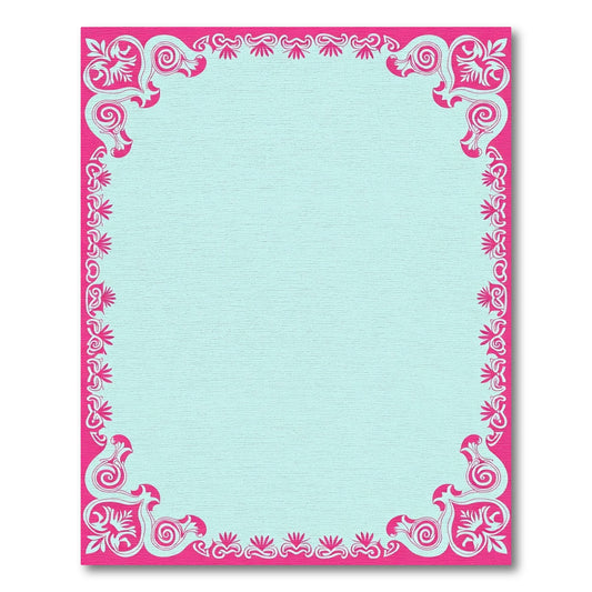 Ornate Pink Teal Scroll Border Rug
