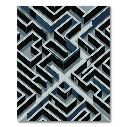 Modern Isometric Blue Maze Abstract Rug