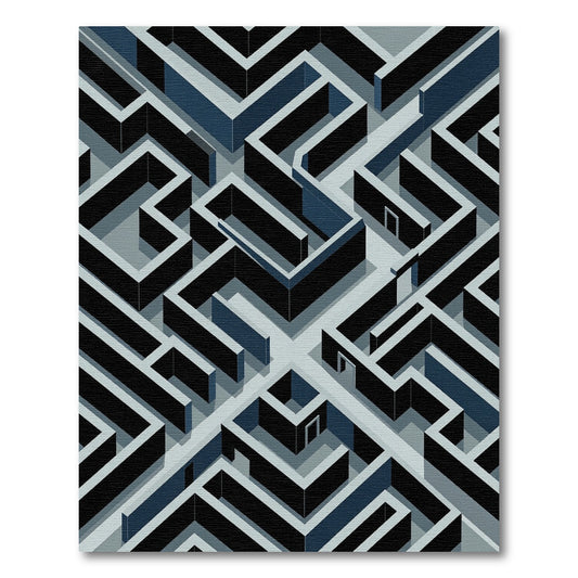 Modern Isometric Blue Maze Abstract Rug