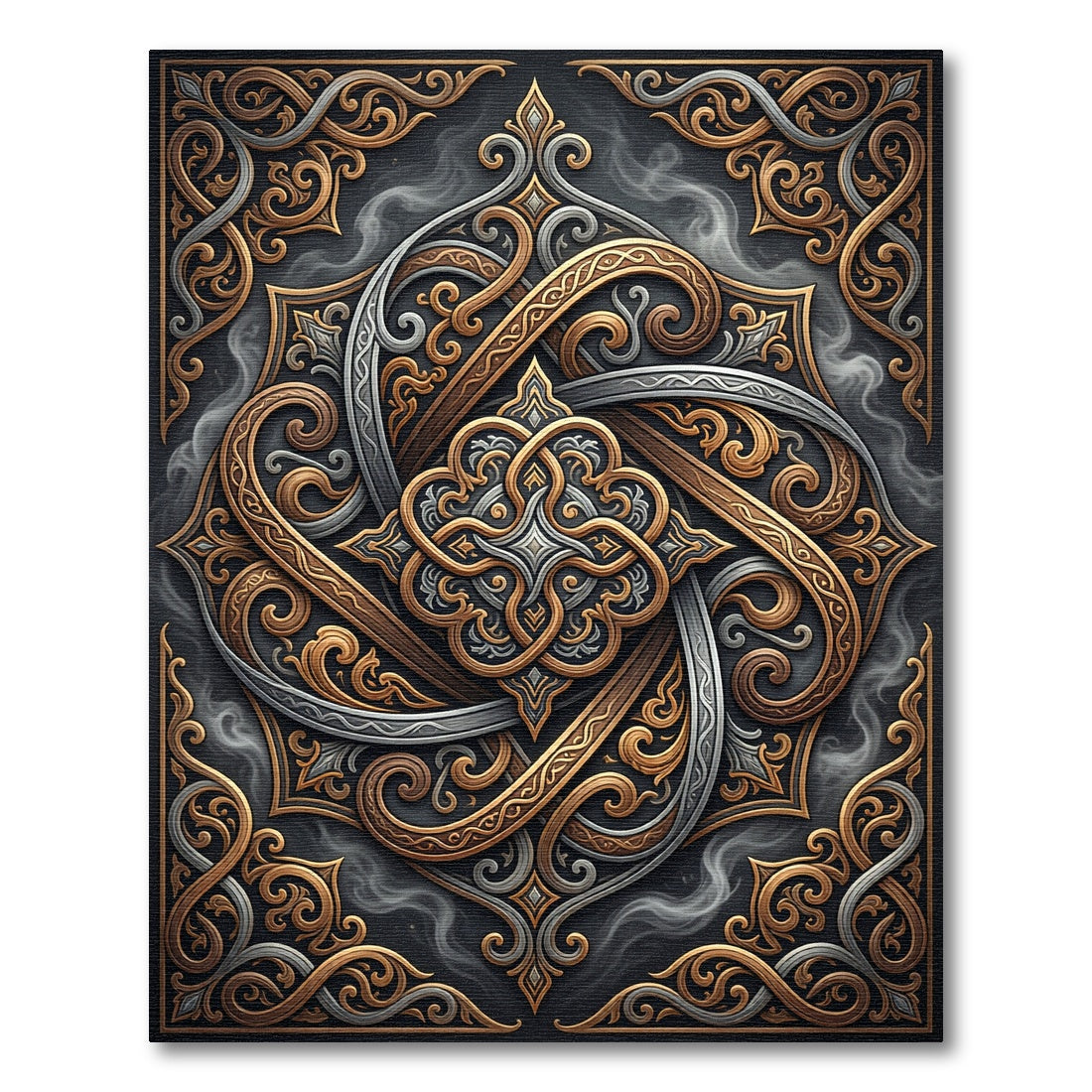 Ornate Gold Silver Ethereal Swirl Medallion Rug