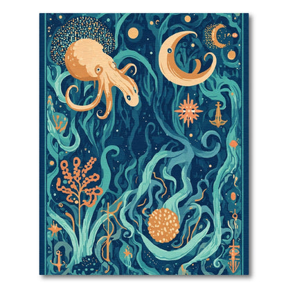 Deep Teal Ocean Life Octopus Moon Rug