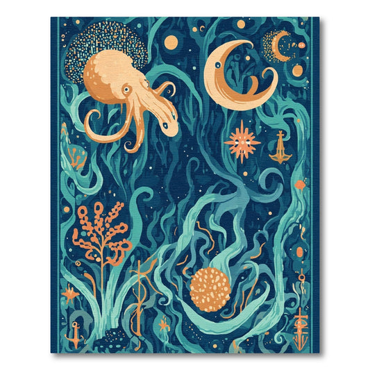 Deep Teal Ocean Life Octopus Moon Rug