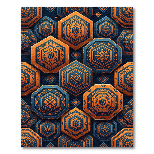 Geometric Cobalt and Burnt Orange Hexagon Rug