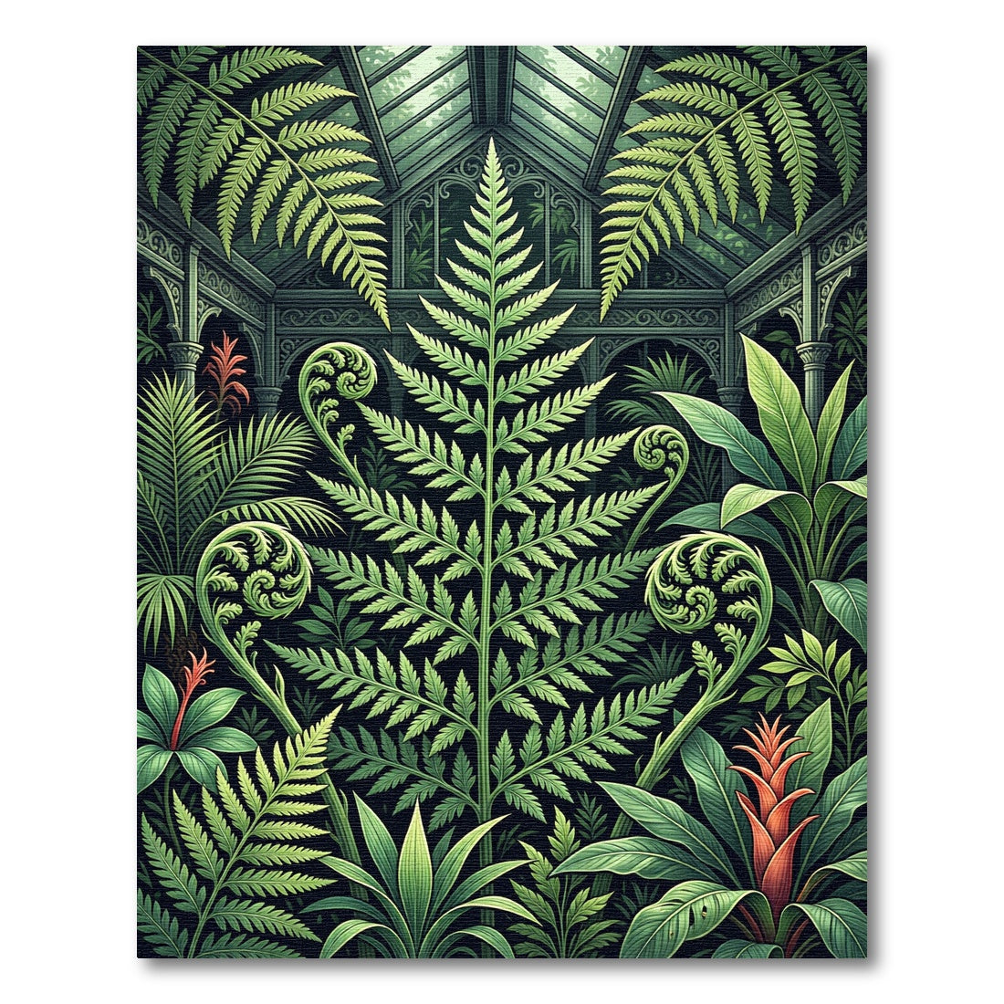 Lush Botanical Fern Greenhouse Illustration Rug