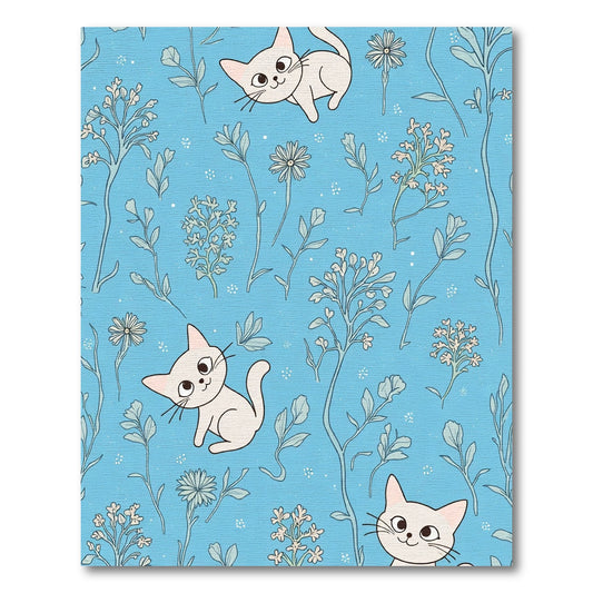 Cute Cream Cats Sky Blue Floral Fields Rug