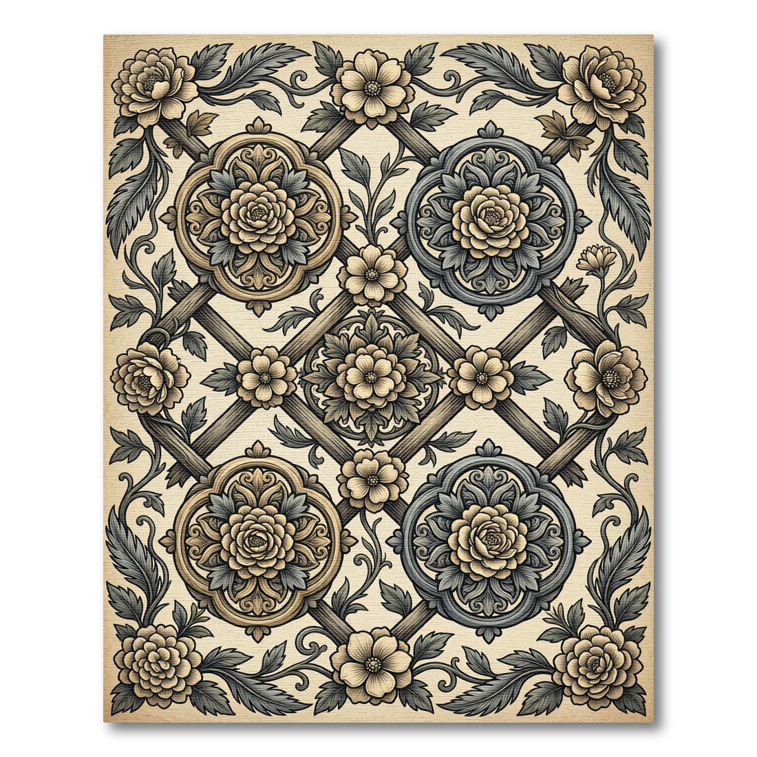 Vintage Cream Floral Trellis Medallion Rug