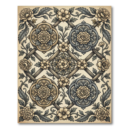 Vintage Cream Floral Trellis Medallion Rug