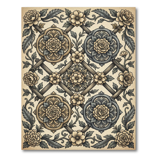 Vintage Cream Floral Trellis Medallion Rug