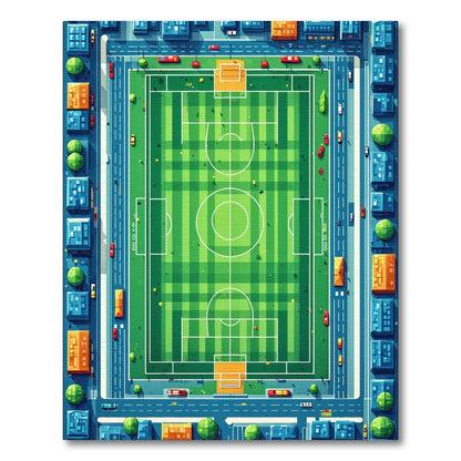 Vibrant Aerial Soccer Field City Rug