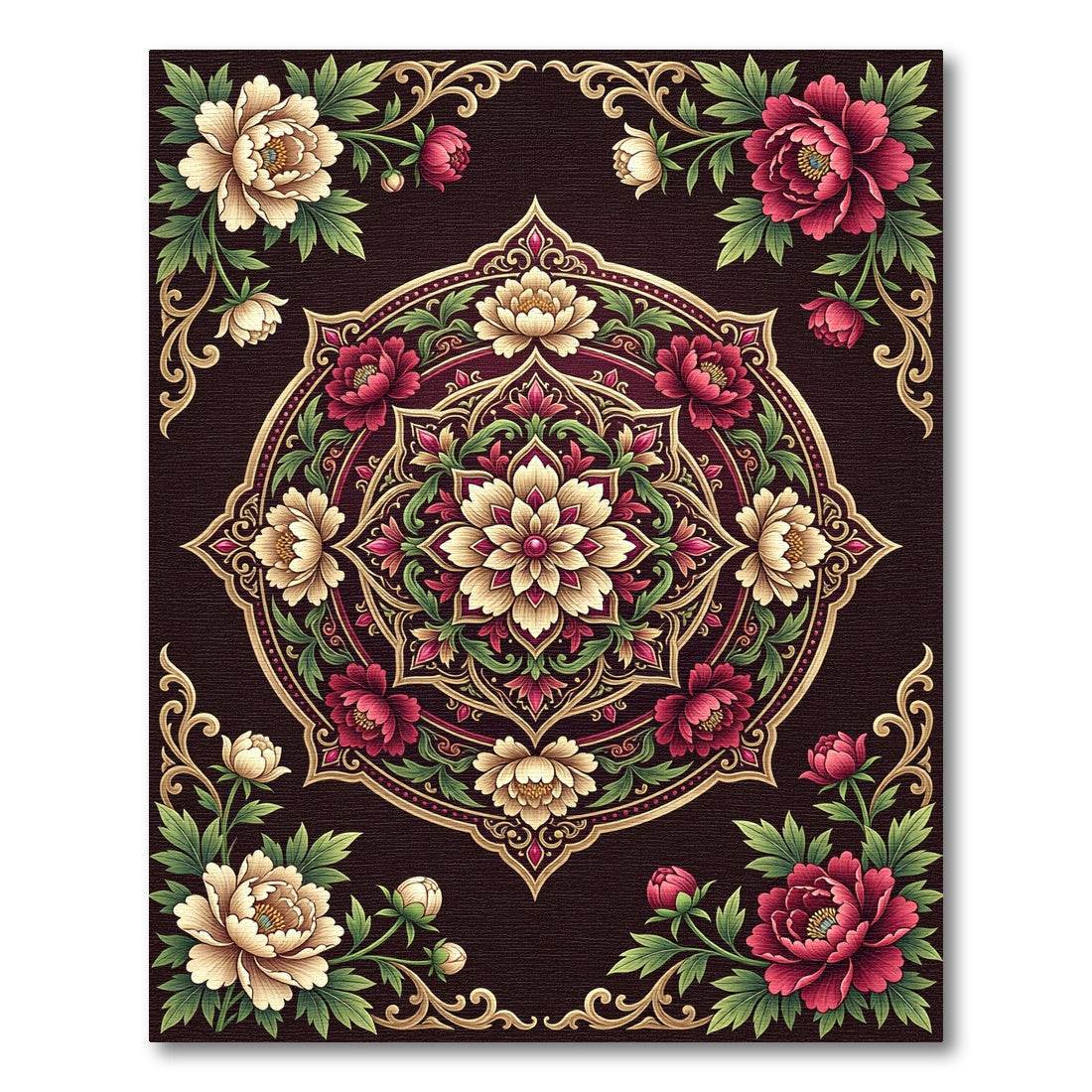 Elegant Burgundy Cream Floral Medallion Rug