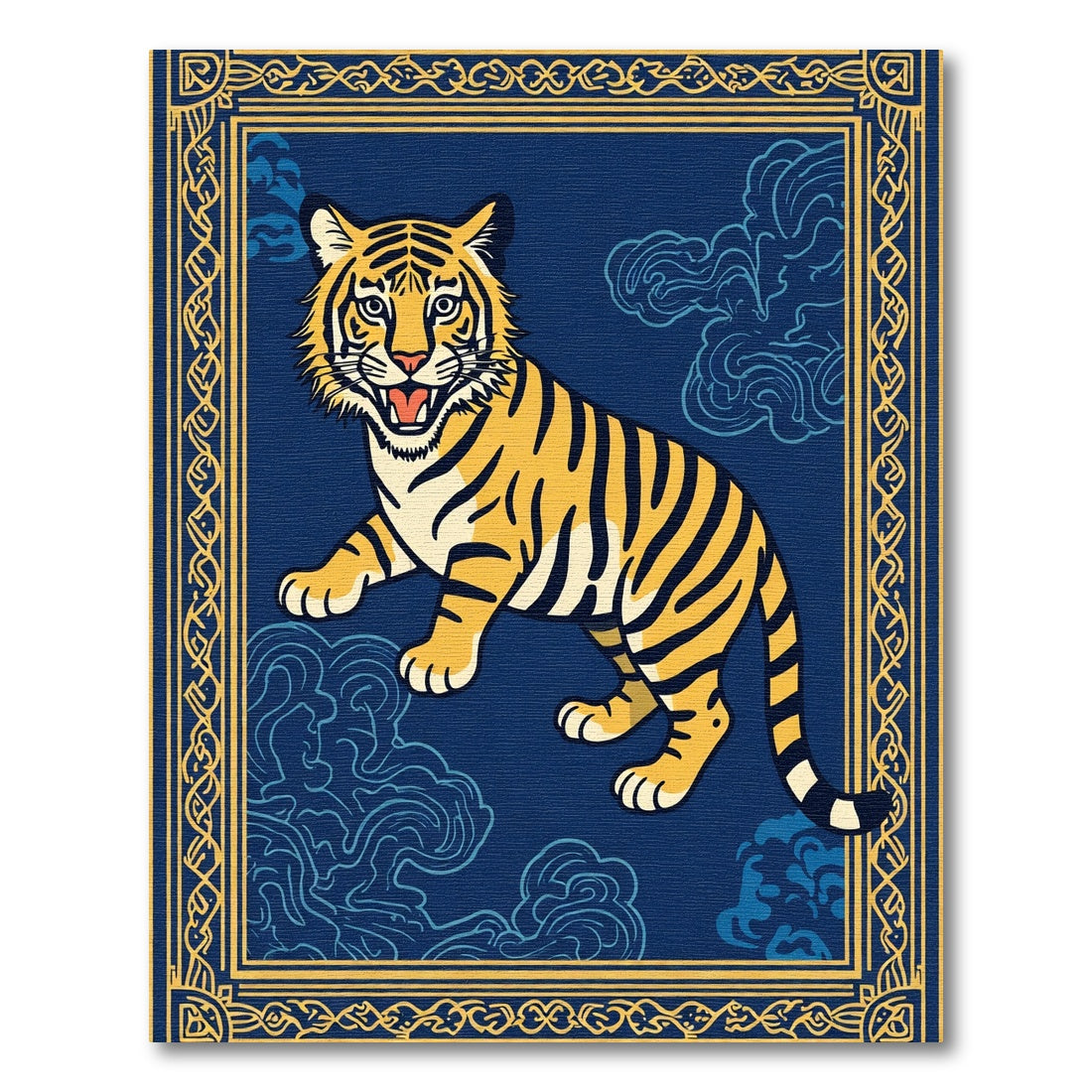 Golden Tiger With Blue Clouds Border Rug