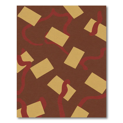 Gold Tan Rectangles Red Swirl Rug