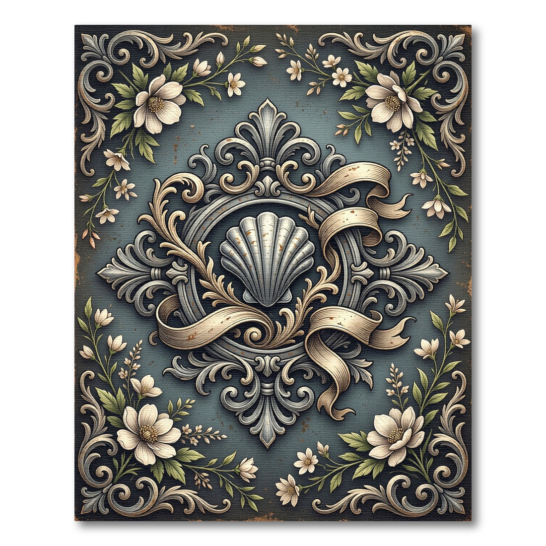 Elegant Shell Medallion Floral Slate Rug