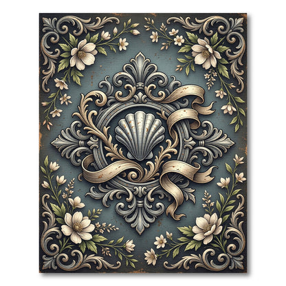 Elegant Shell Medallion Floral Slate Rug