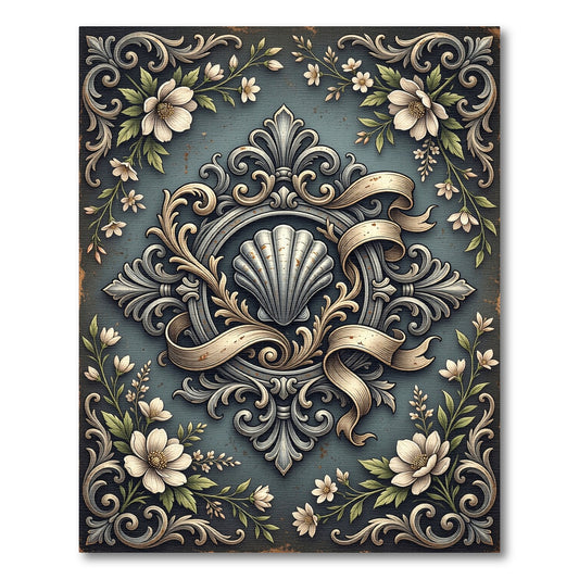 Elegant Shell Medallion Floral Slate Rug