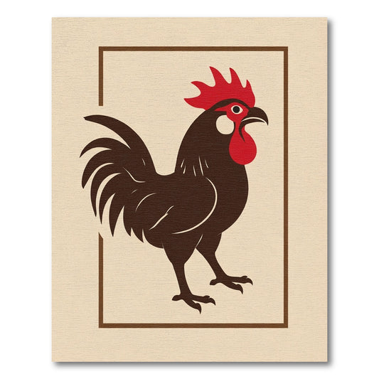 Bold Crimson Rooster Folk Art Rug