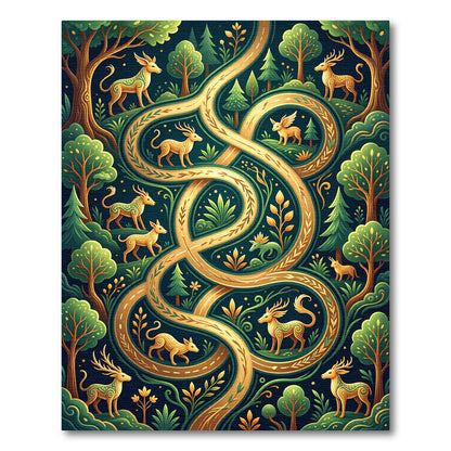 Mystical Forest Deer Golden Winding Path Rug