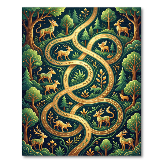 Mystical Forest Deer Golden Winding Path Rug