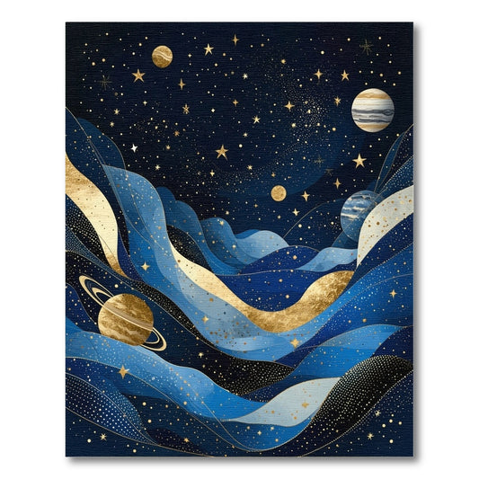 Starry Navy Waves Gold Planets Rug