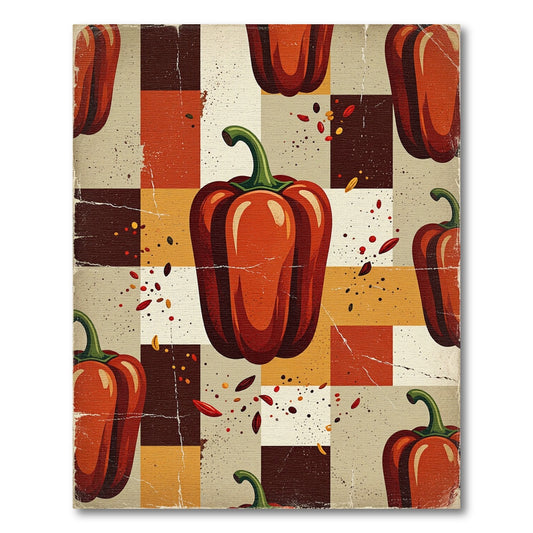 Retro Red Pepper Geometric Checkered Composition Rug
