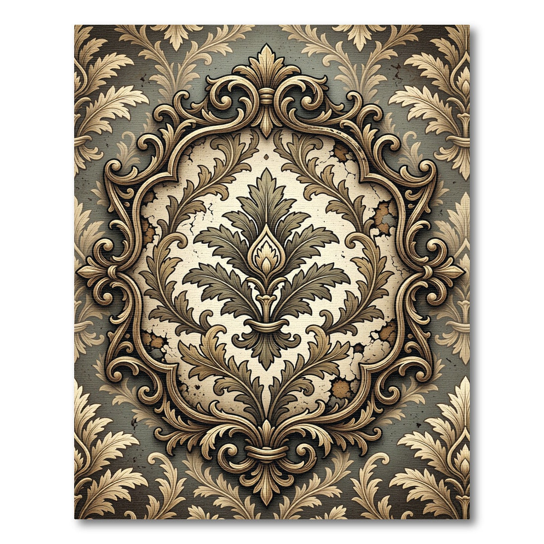 Ornate Damask Scroll Taupe Floral Medallion Rug