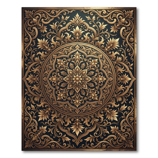 Ornate Golden Arabesque Circular Floral Medallion Rug
