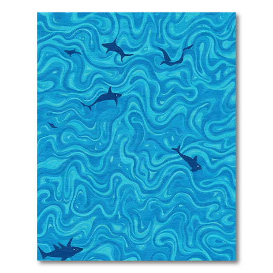 Deep Blue Shark School Swirl Wave Rug