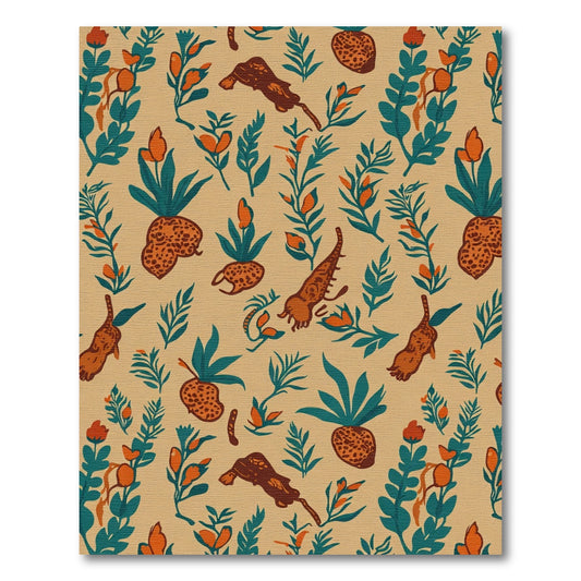 Earthy Orange Teal Botanical Collage Rug