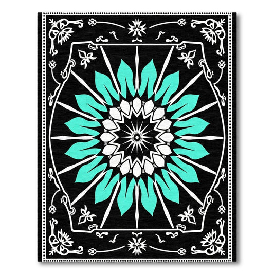 Aqua White Radial Mandala Ornament Rug