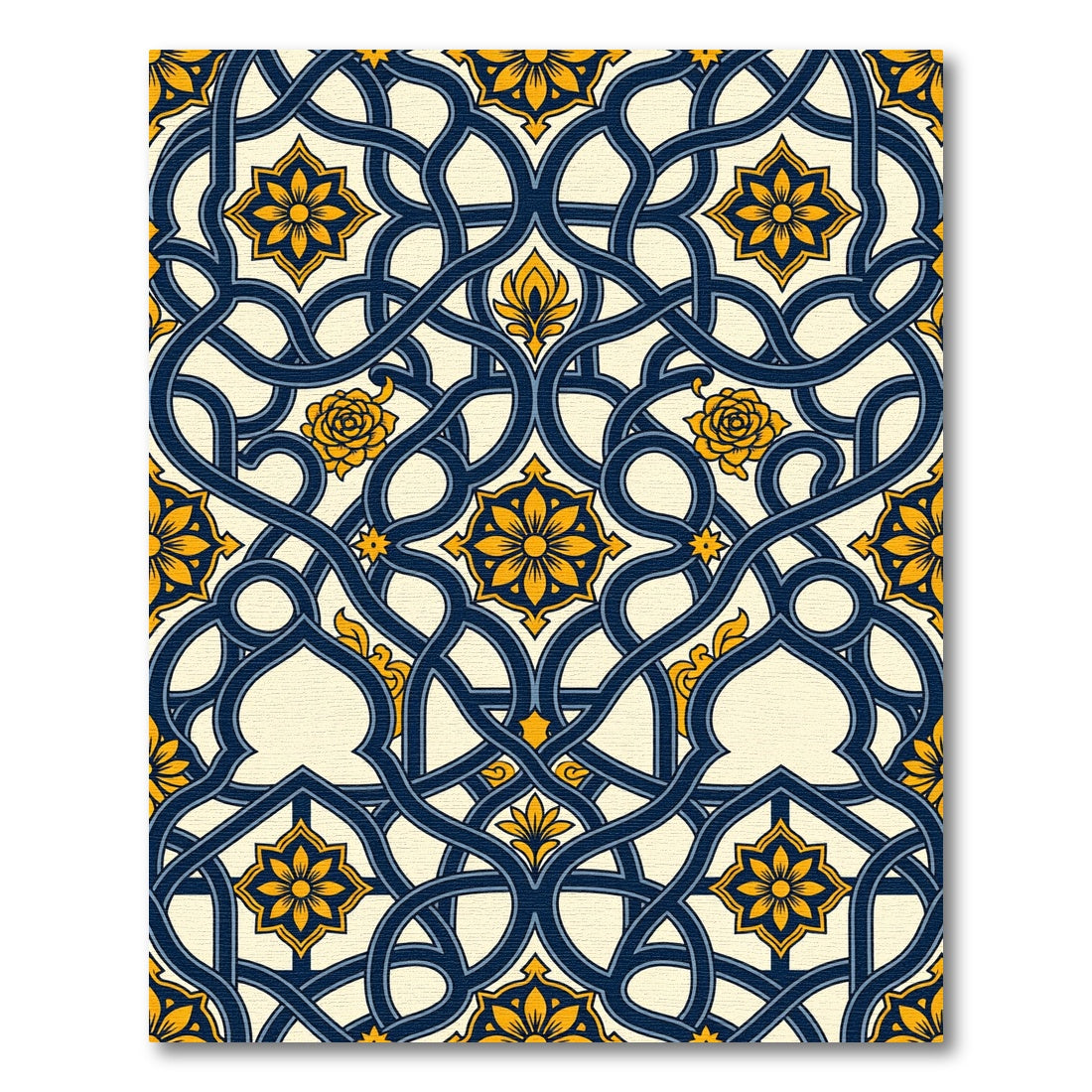 Navy Blue Golden Floral Interlocking Scroll Rug