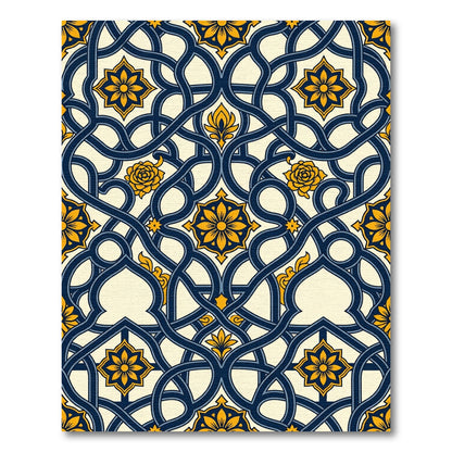 Navy Blue Golden Floral Interlocking Scroll Rug