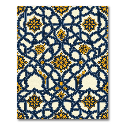 Navy Blue Golden Floral Interlocking Scroll Rug