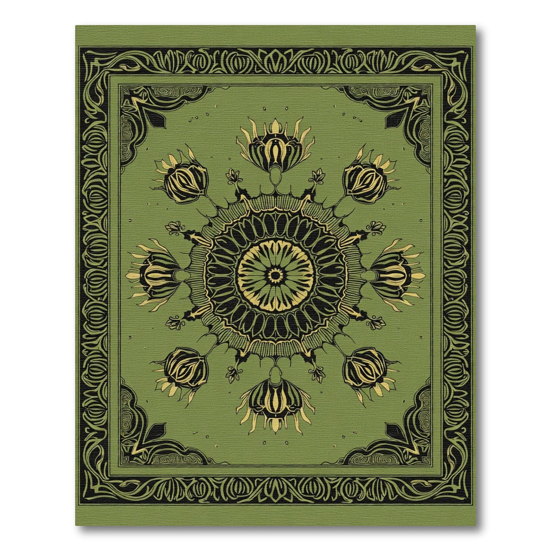 Olive Green Floral Medallion Border Rug