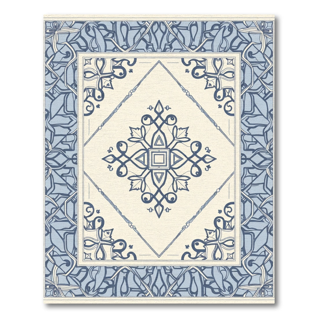 Blue Cream Center Medallion Border Rug