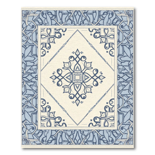 Blue Cream Center Medallion Border Rug
