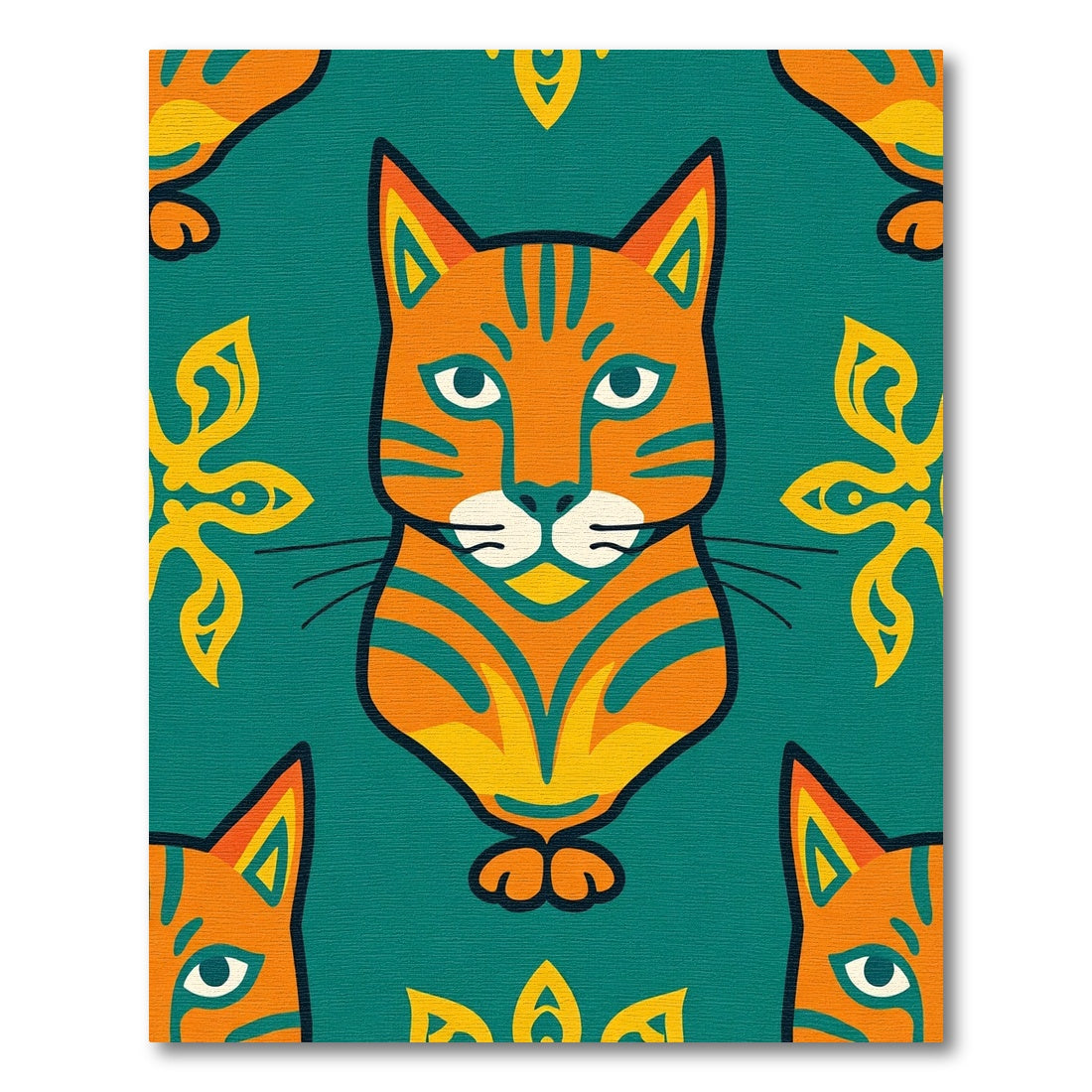 Orange Teal Whimsical Cat Medallion Rug