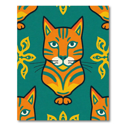 Orange Teal Whimsical Cat Medallion Rug