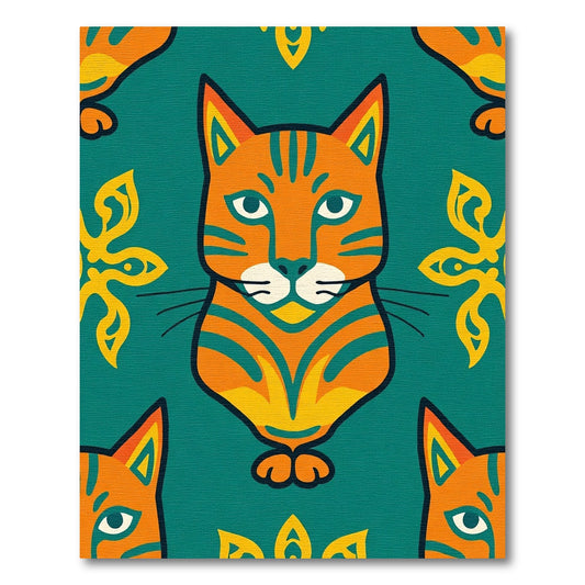 Orange Teal Whimsical Cat Medallion Rug