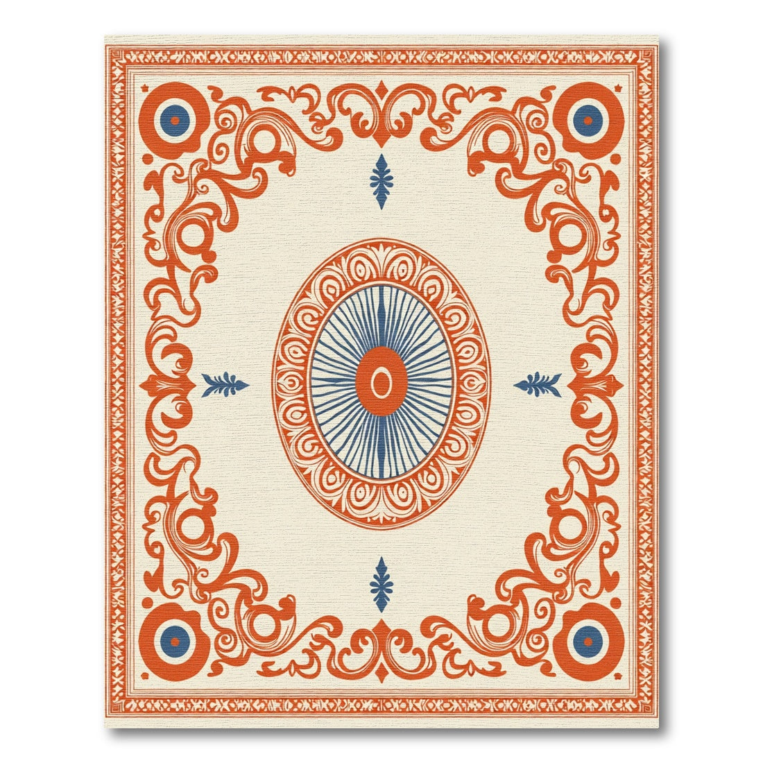 Orange Blue Medallion Scrollwork Rug