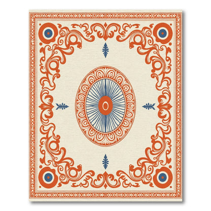 Orange Blue Medallion Scrollwork Rug
