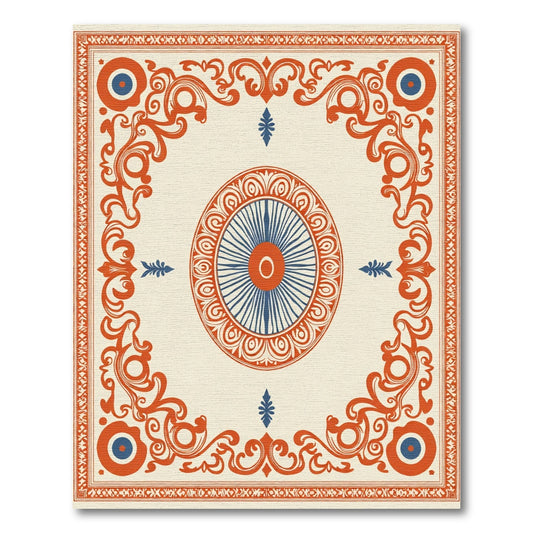 Orange Blue Medallion Scrollwork Rug